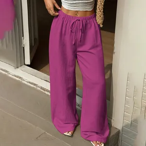 Detailed view of purple high-waisted wide-leg drawstring casual pants for women