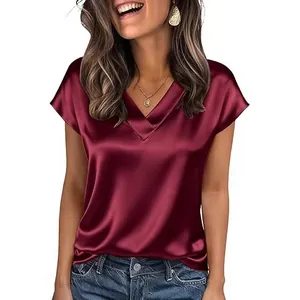 Elegante blusa de satén rojo vino con cuello en V para mujer, top informal de manga corta suave