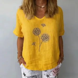 Elegante top giallo in cotone e lino da donna con stampa a pois di dente di leone
