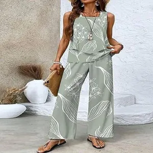 Sage green floral sleeveless tank top and wide-leg pants casual two-piece set