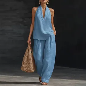 Chic light blue sleeveless halter neck top and loose wide-leg pants two-piece summer outfit