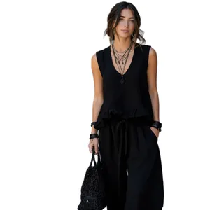 Women's summer two-piece set with sleeveless V-neck top and wide-leg trousers in black