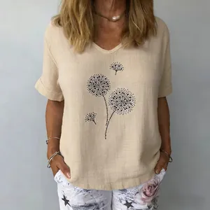 Top casual da donna in cotone e lino con scollo a V e dettaglio di stampa a dente di leone