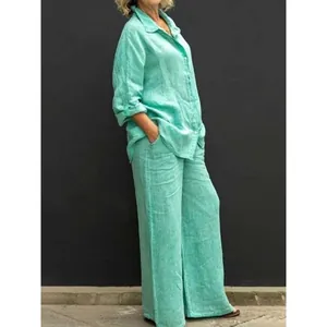 Women's mint green linen casual set with button-down shirt and wide-leg pants
