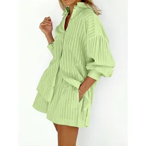 Elegant lime green striped two-piece set for women with puff sleeve shirt and shorts