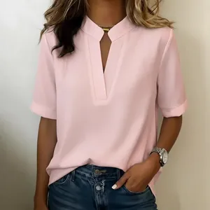 Elegante camicetta rosa a maniche corte con scollo a V da donna, design casual ampio