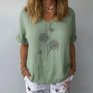 Top casual da donna a maniche corte in cotone e lino con scollo a V e stampa dente di leone
