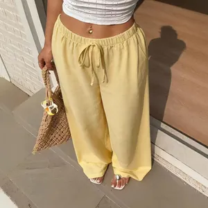 Women Fashion Polyester Wide Leg Pants Casual Elastic High Waist Drawstring Solid Color Loose Long Trousers For Vacation