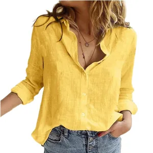 Women's casual yellow linen shirt with long sleeves and button-down design