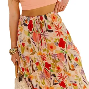 Eleganti pantaloni a gamba larga con stampa floreale a vita alta da donna con coulisse