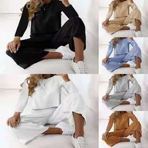 Detailed close-up of various colors for women's long-sleeve sweatshirt and wide-leg pants set