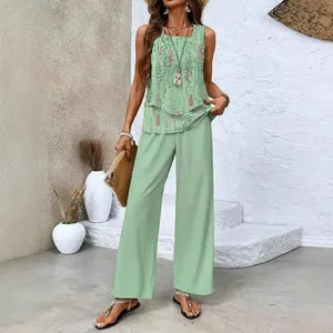Women's Casual Sleeveless Double Layer Tank Top And Wide-Leg Pants Two-Piece Set Polyester Printed Summer Vacation Outfit