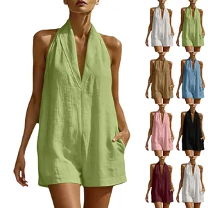 Elegante mono corto casual para mujer con cuello en V y tirantes en varios colores
