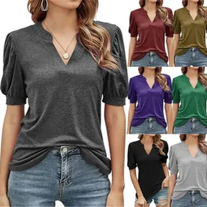 Women's casual puff short sleeve V-neck t-shirt in various colors shown in a grid