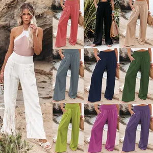 Multicolor display of women's casual wide-leg cotton trousers with smocked waist