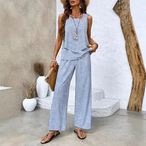 Women's summer two-piece casual set featuring blue striped sleeveless tank and wide-leg pants