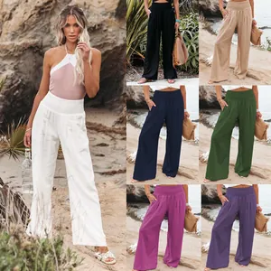 Casual women's cotton wide-leg pants with smocked waist in seven different colors