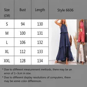 Size chart and details of summer bohemian maxi tiered cake dress in various colors