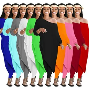Comfortable women's two-piece casual loungewear set with asymmetrical long sleeve top