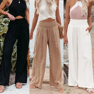 Detailed view of women's casual cotton wide-leg pants in black, khaki, and white.
