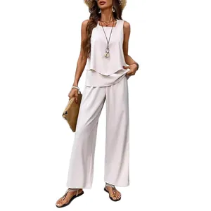 Women's summer two-piece leisure set with sleeveless layered top and wide-leg pants