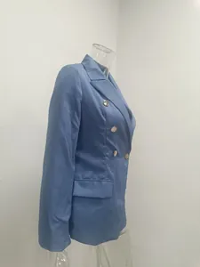 Detailed side view of a light blue slim-fit double-breasted blazer on a mannequin.