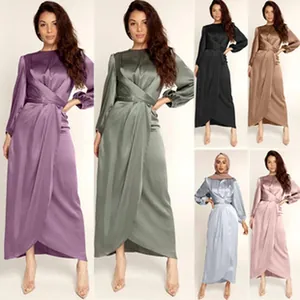 Elegant long sleeve satin maxi dresses in multiple colors featuring a cross-front design.