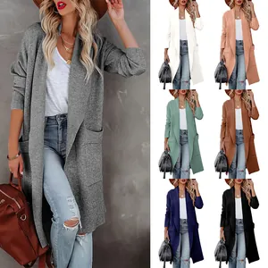 Damen Langarm Offene Strickjacke Mantel Casual Polyester Mantel Mit Taschen Einfarbig Herbst Winter Oberbekleidung