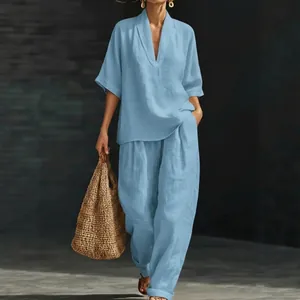 Ensemble Décontracté pour Femmes en Polyester Col en V Manches Courtes Haut et Pantalon à Poches Couleur Unie Tenue d'Été Ample