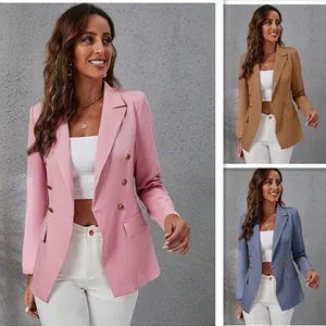 Women Slim Fit Blazer Notch Lapel Double Breasted Suit Jacket Solid Color Long Sleeve Professional Work Office Wear Top