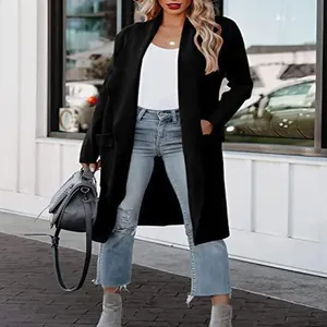 Langer schwarzer Damen-Cardigan-Mantel für Herbst/Winter im Streetstyle