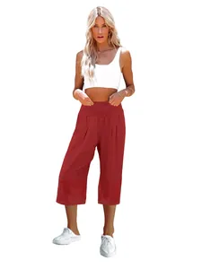 Pantaloni a gamba larga con vita alta arricciata estivi da donna stile casual alla moda