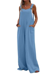 Casual blue linen jumpsuit for women with wide legs and side pockets for summer