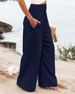 Women's navy blue casual wide-leg pants with smocked high waist and side pockets