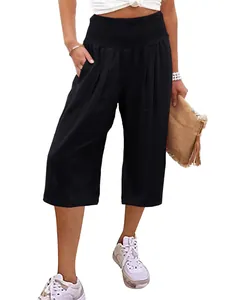 Pantaloni a gamba larga neri a vita alta con fascia elastica arricciata per l'estate