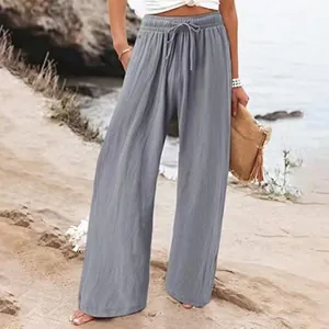 Pantalon large gris en coton et lin pour femme avec cordon de serrage pour la plage