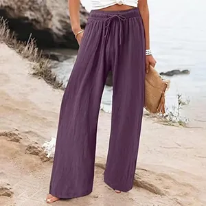 Pantalon large décontracté en coton et lin violet pour femme avec cordon sur la plage
