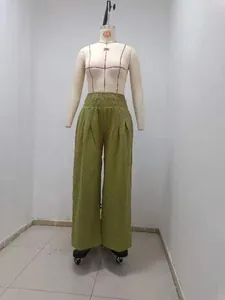 Olive green smocked waist wide-leg trousers for women with crinkle texture detail