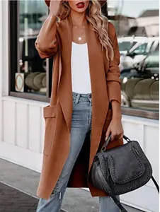 Detailed view of women's long camel open-front cardigan coat with side pockets