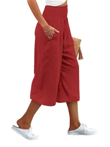 Eleganti pantaloni culotte rossi estivi da donna a vita alta con gamba larga