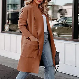 Casual long open front cardigan coat for women in solid brown with pockets