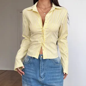 Stylish yellow and white vertical striped V-neck long-sleeve shirt for daily casual wear