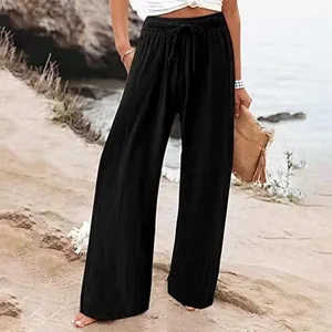 Pantalon large élégant en coton et lin noir pour femme, parfait pour les vacances à la plage