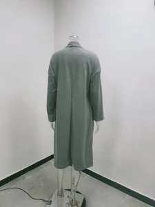 Back view detail of a casual long-sleeved grey solid color cardigan coat for women