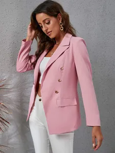 Elegant pink slim-fit women's blazer with gold buttons and notched lapels