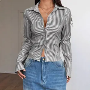 Women's chic vertical striped long sleeve shirt with V-neck and button-down front
