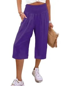 Pantaloni estivi leggeri da donna con vita arricciata e gamba larga in viola vibrante