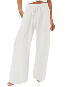Pantalon décontracté en coton et lin blanc à jambes larges pour femmes avec cordon
