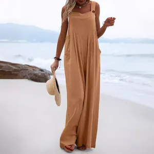 Casual women's summer loose jumpsuit wide leg overalls in camel color with button straps