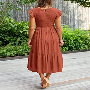 Back view of a burnt orange tiered midi dress with smocked bodice and flutter sleeves.